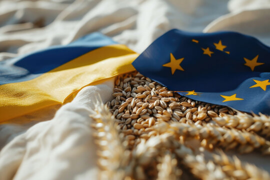 A symbolic image: Wheat grains and flags of Ukraine and the European Union. Implies a connection in agriculture and trade