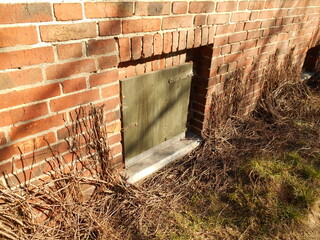 Wooden door in a brick wall
