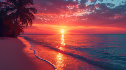 The background of the silhouettes of palm trees, orange sunset and sea excitement in the harmony of colorful sh
