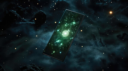 a smartphone and a space background