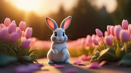 Cute white bunny on pink tulip flower petals background. Spring nature background. Portrait of a...