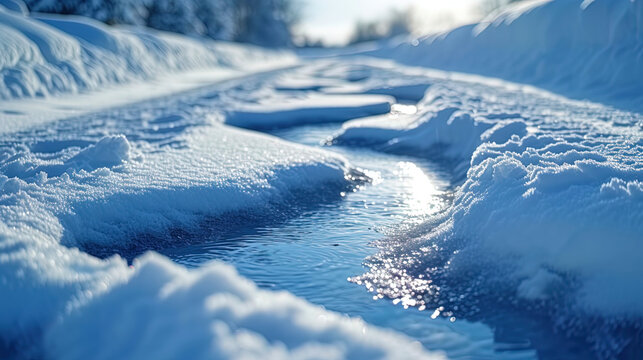 The graphic image of the process of melting snow, in which puddles appear and begin strea