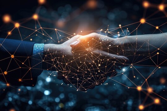 Futuristic handshake with digital network particles, concept of partnership.
