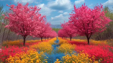 The image of art, where bright colors embody the spring beauty of flowering trees and sh