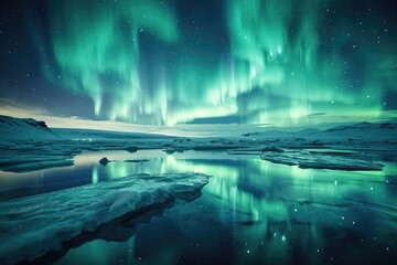 The photograph captures the ethereal beauty of the Northern Lights, displaying vibrant green hues dancing across a starry night sky.