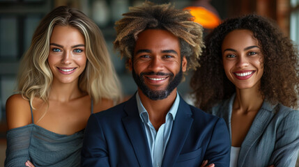 Fototapeta premium The image of a smiling business pair of different ethnic groups standing with crossed hand