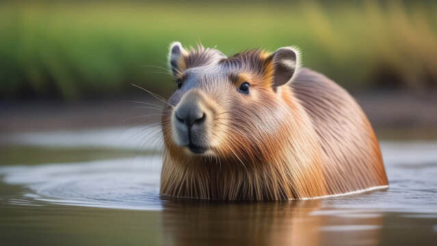 Capybara (Hydrochoerus hydrochaeris) swimming in water. Close up. Generative AI