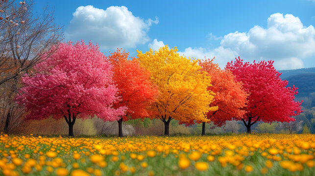 The image of art, where bright colors embody the spring beauty of flowering trees and shru