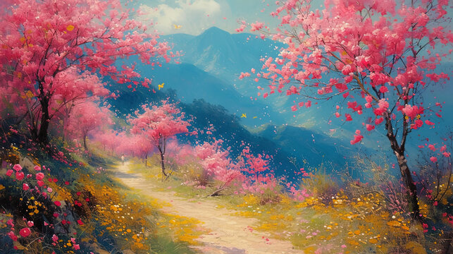 The image of art, where bright colors embody the spring beauty of flowering trees and shr