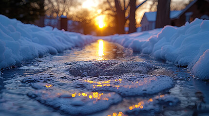 The picture, which captures the moment of melting of snow, the formation of a puddle and the beginning of the flow of wat