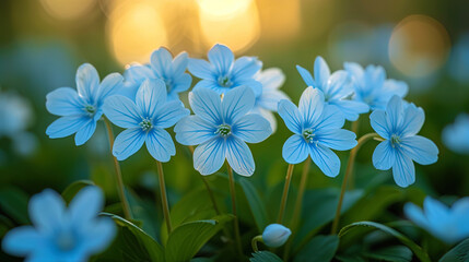 The white and blue flowers of the blue star bloom like small astronomical phenomena in the spring sk