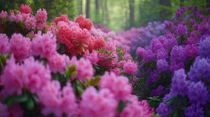 Thick bushes of azalia explode in colors from purple to pink, turning into a real enchanting fores - obrazy, fototapety, plakaty