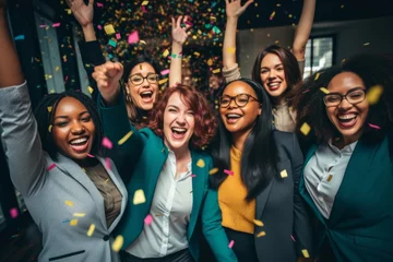 Fotobehang Celebration in office party diverse employees men women colleagues having fun meeting smiling festivity corporate event businessman teamwork confetti celebrating business achievements cooperation © Yuliia