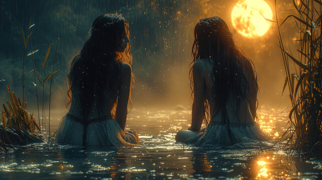 Two amazingly beautiful women in a small hot source at night in the style of dark fant