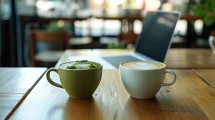 Visual comparisons matcha tea and coffee in cup , place both beverages side by side for drink preferences, in the cafe and books background 