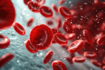 A detailed visualization of red blood cells in a vessel, depicted in bright red against a gradient background.