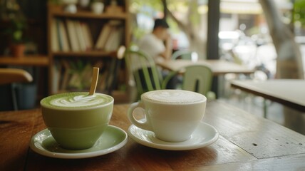 Visual comparisons matcha tea and coffee in cup , place both beverages side by side for drink preferences, in the cafe and books background 