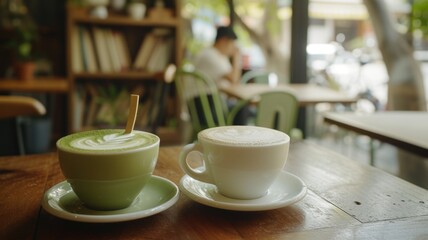 Visual comparisons matcha tea and coffee in cup , place both beverages side by side for drink preferences, in the cafe and books background 