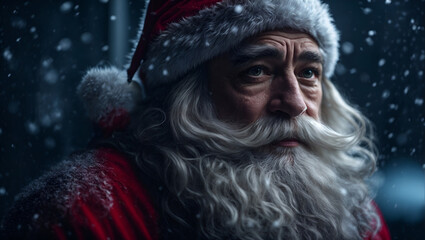 Spooky scary Santa Claus. Sad man in Santa Claus cutome