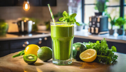 a green smoothie in a glass with lemon kiwi and herbs on a wooden table in the kitchen
