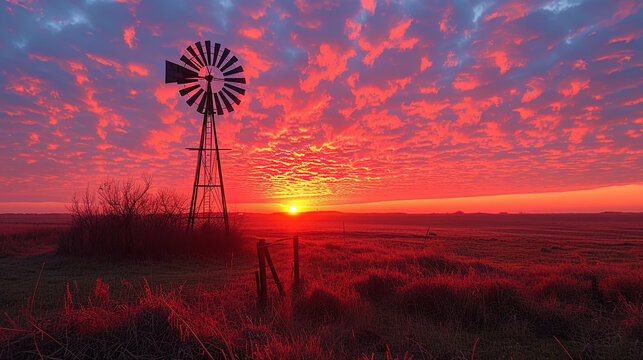 A landscape with a windmill against a bright sunset creating a picture of the fiery