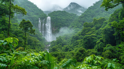 A photograph of a waterfall in a dense forest surrounded by green tre - obrazy, fototapety, plakaty
