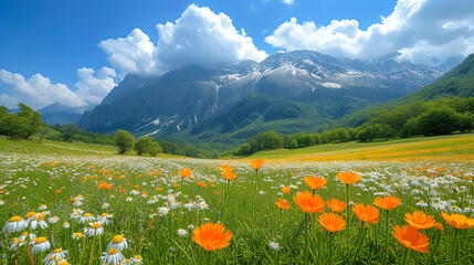 Fototapeta premium Landscape with mountains covered with green meadows and flowering field