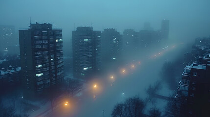 Fototapeta na wymiar Photos of the city under a dense fog, creating a mysterious atmosp