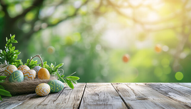 Holztisch mit Osterdeko f&uuml;r Produktplatzierung oder Montage mit Fokus auf die Tischplatte, unscharfer Bokeh-Hintergrund in der Natur 