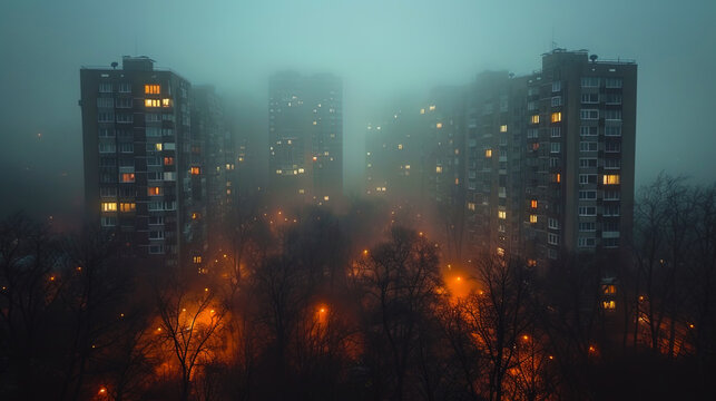 Photos of the city under a dense fog, creating a mysterious atmosphe