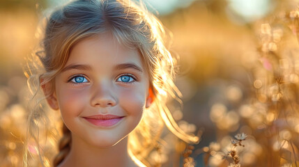 Photo of a children's smile, iridescent of the light of jo