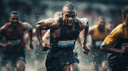 Sports Competition Running Athletes in the pouring rain - obrazy, fototapety, plakaty