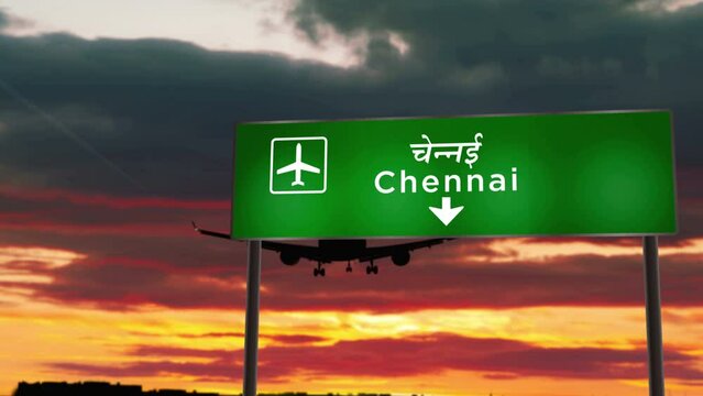 Airplane silhouette landing in Chennai, India. Plane city arrival with airport direction signboard and sunset in background. Travel, trip and transportation 3d concept.