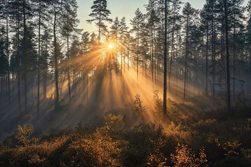 Dramatic Woodland Scene with shafts of light coming through the Trees. Beautiful Sunrise Nature Background.