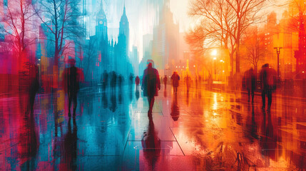 Naklejka premium The collage of urban life, where scenes from different areas are intertwined in one colorful pictur