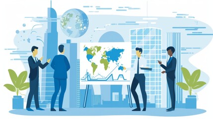 Innovative minds at work: A team collaborates on global digital strategies, immersed in a futuristic blue-toned tech environment.