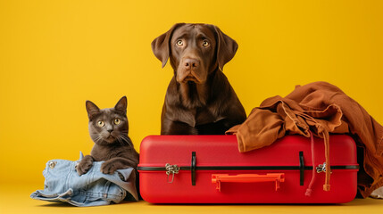 Funny brown labrador retriever in suitcase and a cat waiting to travel on a yellow background with copy space. Traveling with pets. Concept pet adventure, pets love, animal life, humor, dog sitter.