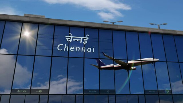 Plane landing at Chennai, India 3D. Arrival in the city with the glass airport terminal and reflection of the jet aircraft. Travel, business, tourism and transport 3D concept.
