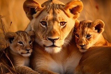 mother lioness with her young ones, little lion cubs, cuddles together. family, motherhood in animals. wildlife.