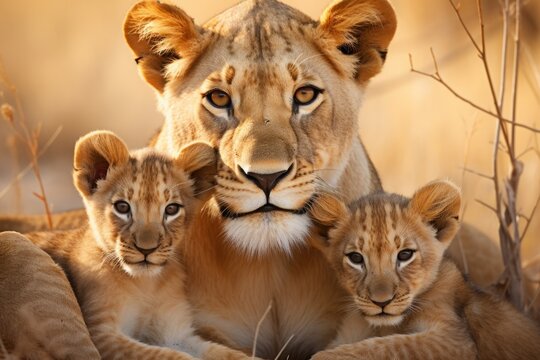mother lioness with her young ones, little lion cubs, cuddles together. family, motherhood in animals. wildlife.