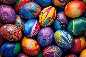 Obraz premium Easter background, colorful chicken eggs. vibrant swirling color. top view, close-up. illustration.