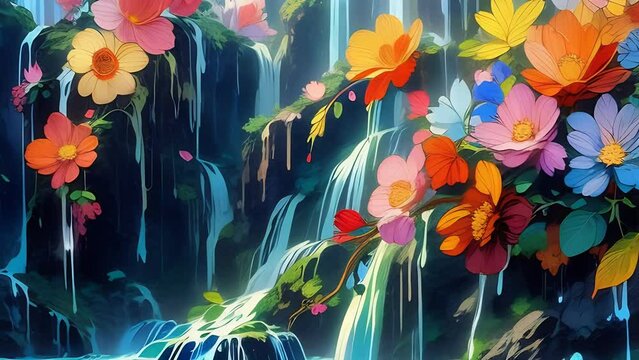 Cascading flowers in a waterfall-like abstraction, flowing and intertwining