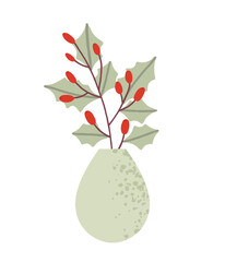 Christmas branches in a vase. Festive natural decor made of holly leaves and barberry branches. Vector illustration isolated on a white background.