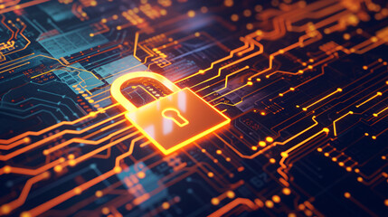 Orange glowing padlock icon on a detailed circuit board