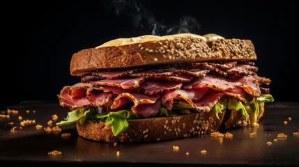 Foto auf Acrylglas pastrami sandwich, background with space for text, food photography, cop  space, 16:9 © Christian