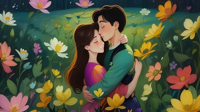 a painting of a couple embracing in a field of flowers