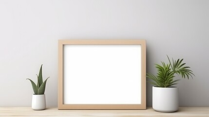 Fototapeta na wymiar light wooden picture frame, blank white picture, blank white background, mockup, copy space, 16:9