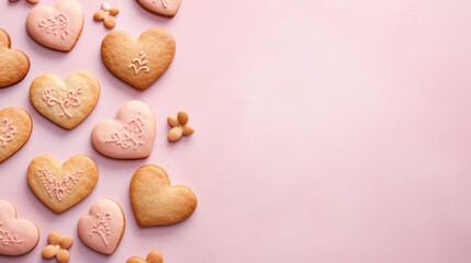 Fototapeta na wymiar heart biscuits, light pink background, food photography, copy space, 16:9