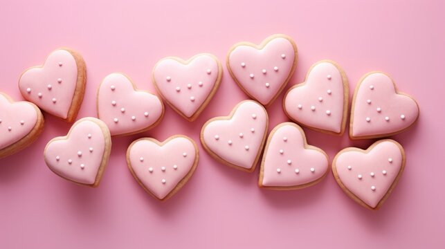 heart biscuits, light pink background, food photography, copy space, 16:9