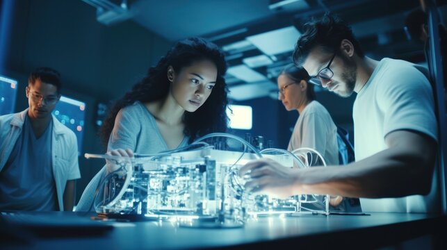 Data scientists work in a modern office of a technology company on the development of a quantum computer. Science, technology, big data and blockchain concept.